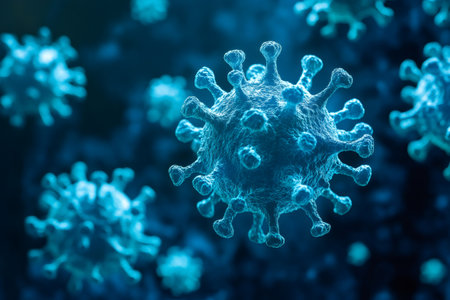 Coronavirus cells floating in a dark blue environment, showing spikes and surface proteinsの素材