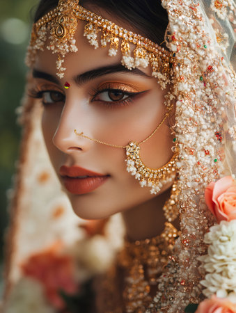 Stunning Indian bride showcasing traditional jewelry, makeup, and attire during a captivating bridal photoshootの素材