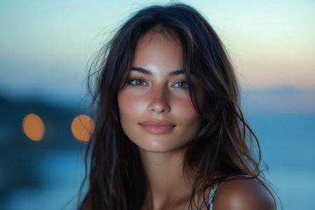 Portrait of a beautiful young woman with freckles smiling serenely with a blurred background and bokeh lights at duskの素材