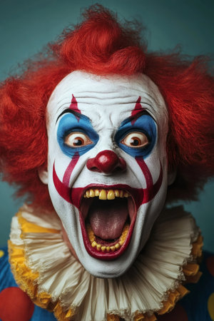 Close-up of a scary clown with open mouth, red hair and colorful makeup screamingの素材