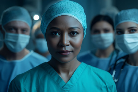 Portrait of a confident female surgeon leading her medical team in the operating room, wearing surgical masks and scrubsの素材