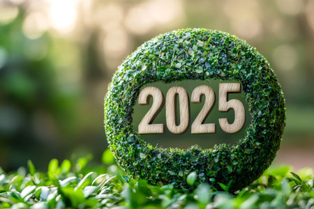 Wooden numbers 2025 surrounded by green leaves symbolizing environmental awareness and sustainability goalsの素材