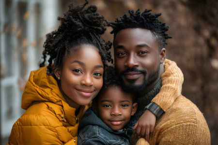 Happy family posing together outdoors in autumn: father, mother and son smiling and embracingの素材