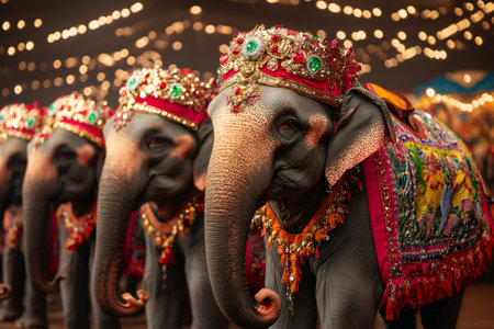 Majestic elephants adorned with colorful headdresses and vibrant decorations participate in a festive procession, showcasing cultural heritageの素材