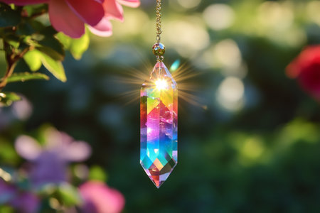 Colorful crystal prism hanging in a garden, catching sunlight and creating a beautiful rainbow effectの素材