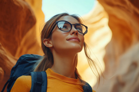 Smiling tourist with backpack admiring majestic rock formations in a sandstone canyonの素材