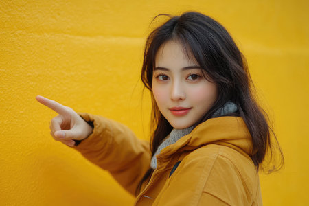 Smiling young woman pointing her finger to the side on yellow backgroundの素材