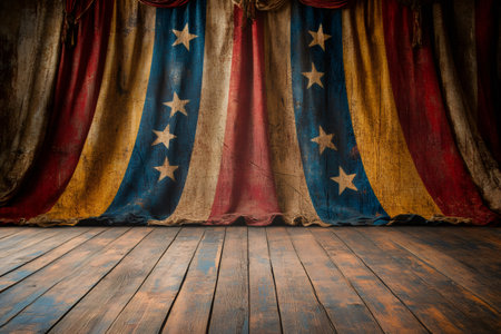 Empty vintage wooden stage with closed grungy american flag backdrop curtain, perfect for presentationsの素材