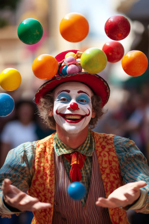Happy clown juggling colorful balls, wearing a costume and makeup, performing a street showの素材