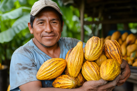 Portrait of a smiling farmer holding ripe cocoa pods in his hands, showcasing the harvest of his plantationの素材