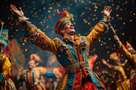 Brazilian carnival dancer wearing colorful costume performing with open arms under confetti rainの素材