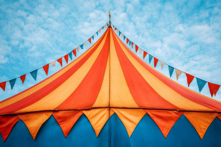Brightly striped circus tent top with colorful flags fluttering against a blue sky, evoking a festive atmosphereの素材