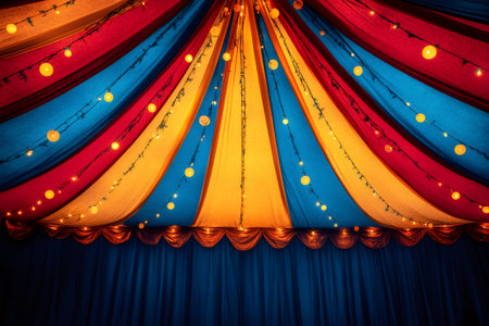 Interior view of circus tent ceiling with colorful fabric and string lights creating a festive atmosphereの素材