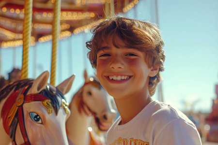 Young boy enjoying a carousel ride at an amusement park, smiling brightlyの素材