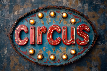 Red neon circus sign on a textured wall, illuminated by light bulbs, creating a vintage and festive atmosphereの素材