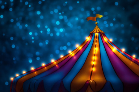 Colorful circus tent top illuminated at night with bokeh effect, creating a magical and festive atmosphereの素材