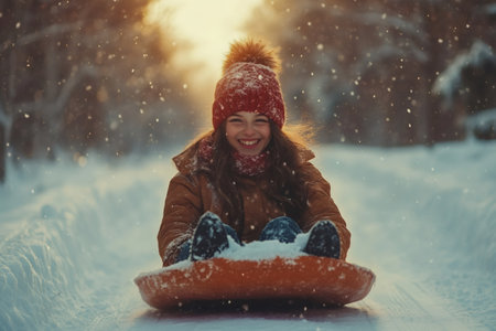Cheerful young woman enjoying a snowy day, sledding downhill on an inflatable snow tube at sunset, surrounded by a beautiful winter landscapeの素材