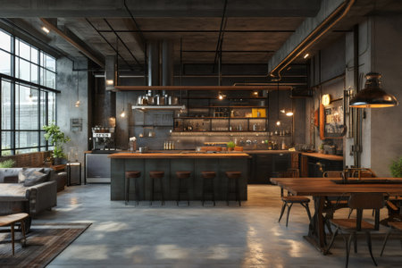 Industrial style kitchen and living room open space featuring exposed pipes, concrete walls, and vintage furniture, creating a modern and stylish atmosphereの素材