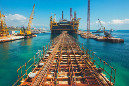 Rusty temporary jetty leading to a large offshore oil rig platform under construction in a beautiful bayの素材