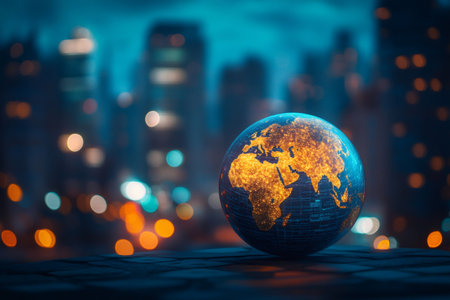 Glowing world globe highlighting interconnectedness of cities against backdrop of blurred urban lights at nightの素材
