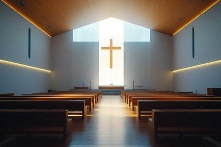 Interior of modern church with empty benches and cross on bright windowの素材