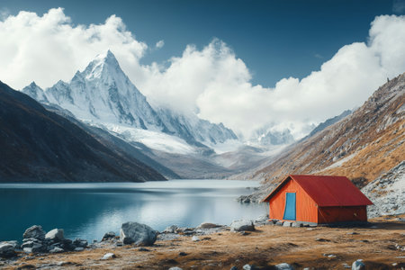 Serene turquoise lake mirroring snowy peaks and a cozy red cabin nestled amidst the rugged Himalayan landscapeの素材