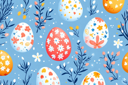 Colorful easter eggs decorated with floral patterns create a cheerful spring atmosphere in this seamless pattern, perfect for holiday projectsの素材