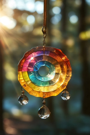 Circular resin ornament with crystals hanging in sunlight, creating a vibrant display of color and light in natureの素材