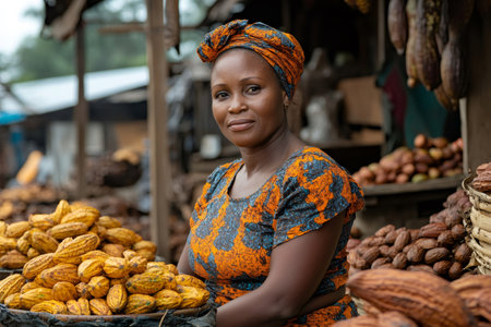 Portrait of smiling merchant selling cocoa pods at outdoor market in Africaの素材