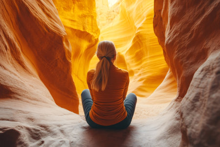 Hiker sits and enjoys the beautiful view inside upper antelope canyonの素材
