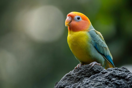 Colorful fischer's lovebird perched on a rock, displaying vibrant plumage against a soft, blurred backgroundの素材
