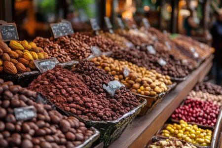 Close-up of various nuts, cocoa beans and dried fruits displayed on a market stall, creating a vibrant and appetizing sceneの素材
