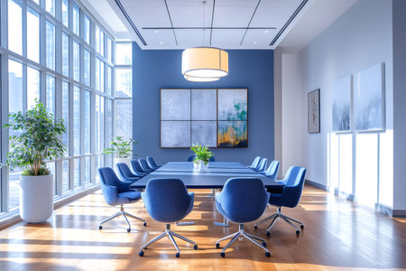 Empty modern meeting room with blue chairs, a large table, artwork, and large windows providing natural lightの素材