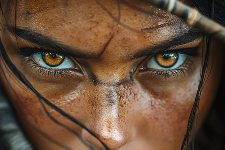 Close-up of a warrior woman with intense eyes and scars, conveying a sense of anger and determinationの素材