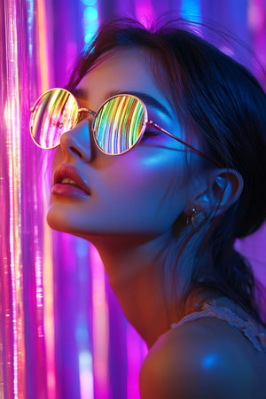 Fashionable model posing with neon lights reflecting in her sunglasses, creating a vibrant and stylish imageの素材