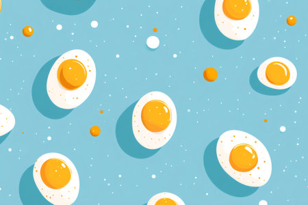 Colorful seamless pattern of fried eggs floating on a light blue background, perfect for breakfast-themed designsの素材