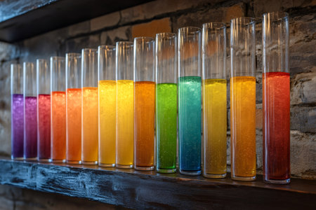 Glass test tubes filled with colorful liquids, arranged to form a vibrant rainbow gradient on a wooden shelf against a brick wallの素材