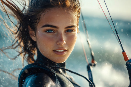 Portrait of a beautiful young woman kitesurfing in the oceanの素材