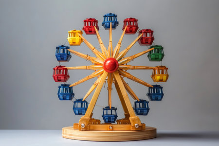 Small wooden ferris wheel with colorful cabins, reminiscent of a charming carnival or amusement parkの素材