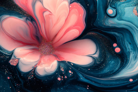 Abstract flower design created with swirling pink, blue, and white paint, glitter, and resinの素材