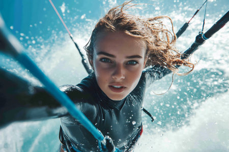 Young woman kitesurfing in the ocean, holding the bar and riding the wavesの素材