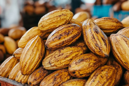 Ripe cocoa pods are piled high, showcasing their rich colors and textures, ready to be transformed into delicious chocolateの素材