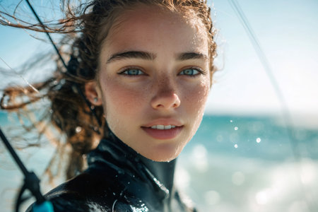 Portrait of a kitesurfer woman wearing wetsuit in the ocean, hair blowing in the windの素材