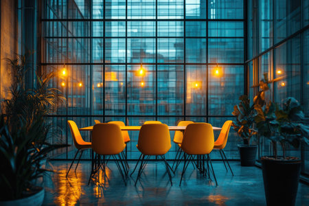 Empty yellow chairs surrounding a table in a modern office space with large windows and warm lighting create a stylish and inviting atmosphereの素材