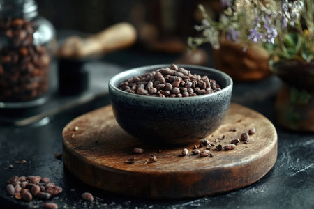 Cacao beans are displayed in a bowl, ready for chocolate production, highlighting the raw ingredientsの素材