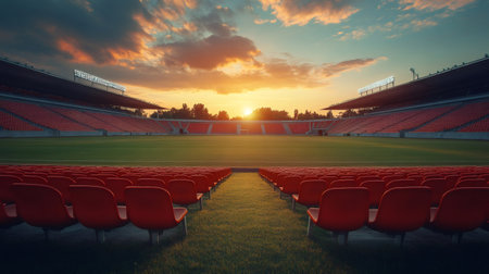 Empty red seats in a stadium at sunset, waiting for the crowd and the sporting event to beginの素材