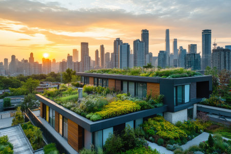 Lush rooftop gardens bring nature to urban areas, enhancing sustainability and city livingの素材