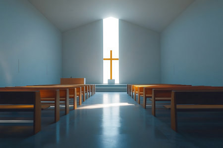 Empty modern church interior with wooden pews and a large cross illuminated by sunlightの素材