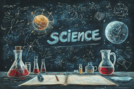 Chemical flasks, beakers, and notebook on a table with scientific formulas and planets drawn on a chalkboard, depicting a science experimentの素材