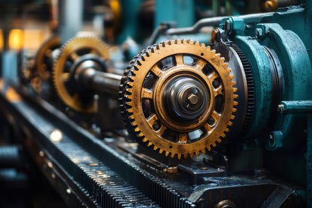 Close up of large gears rotating in an industrial factory machine, showcasing the complexity of manufacturing processesの素材